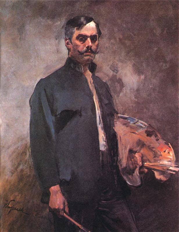 Autorretrato de Wojciech Kossak con paleta en su estudio
