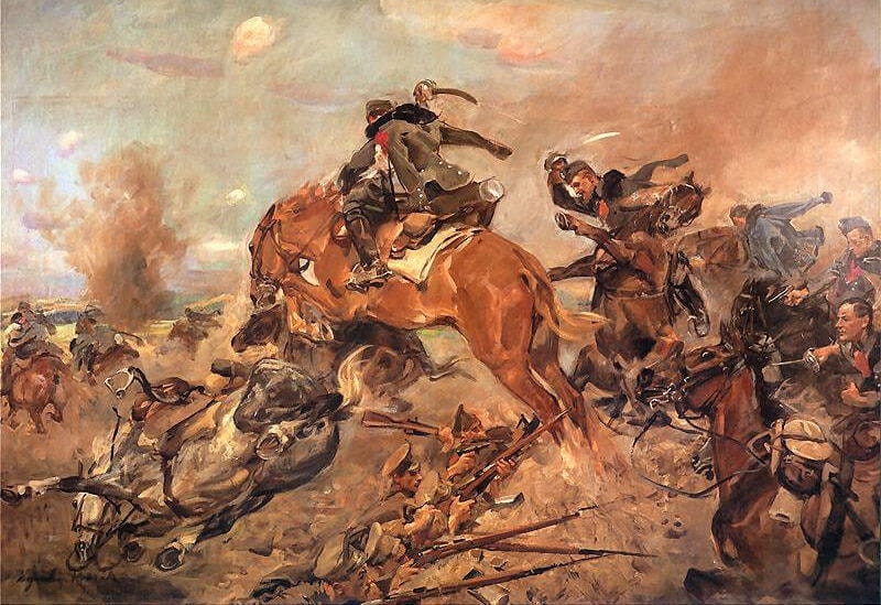 Pintura de paisaje de la familia Kossak mostrando su versatilidad más allá de las escenas de caballería