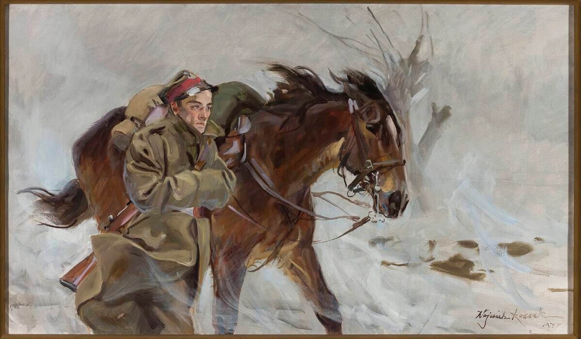 Pintura de un soldado con un caballo de la familia Kossak, ejemplificando su tema característico